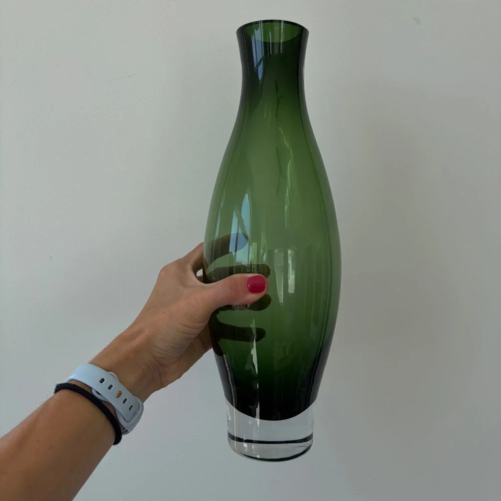 Ashland Hand Blown Forest Green Glass Vase Weighted Clear Base 13.25 Inch